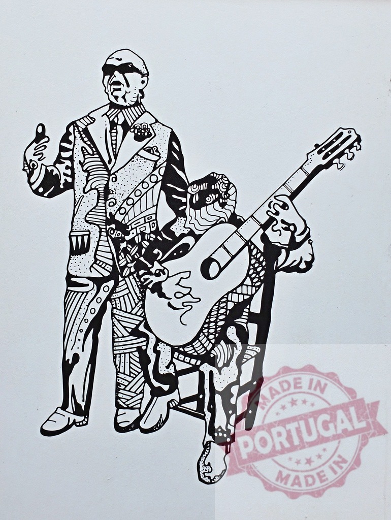 Flamenco singer and guitar player performing music art | Stylized black and white drawing depicting a passionate flamenco singer and guitarist performing - Realized with Pictrs.com