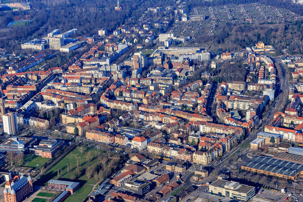 Luftbild: zwischen Durlacher Allee und Gerwigstr im Ortsteil Oststadt in Karlsruhe im Bundesland Baden-Württemberg in Deutschland. Foto: IMG_085268.jpg vom 19.12.2015 durch Werner Riehm/FLY-FOTO.de