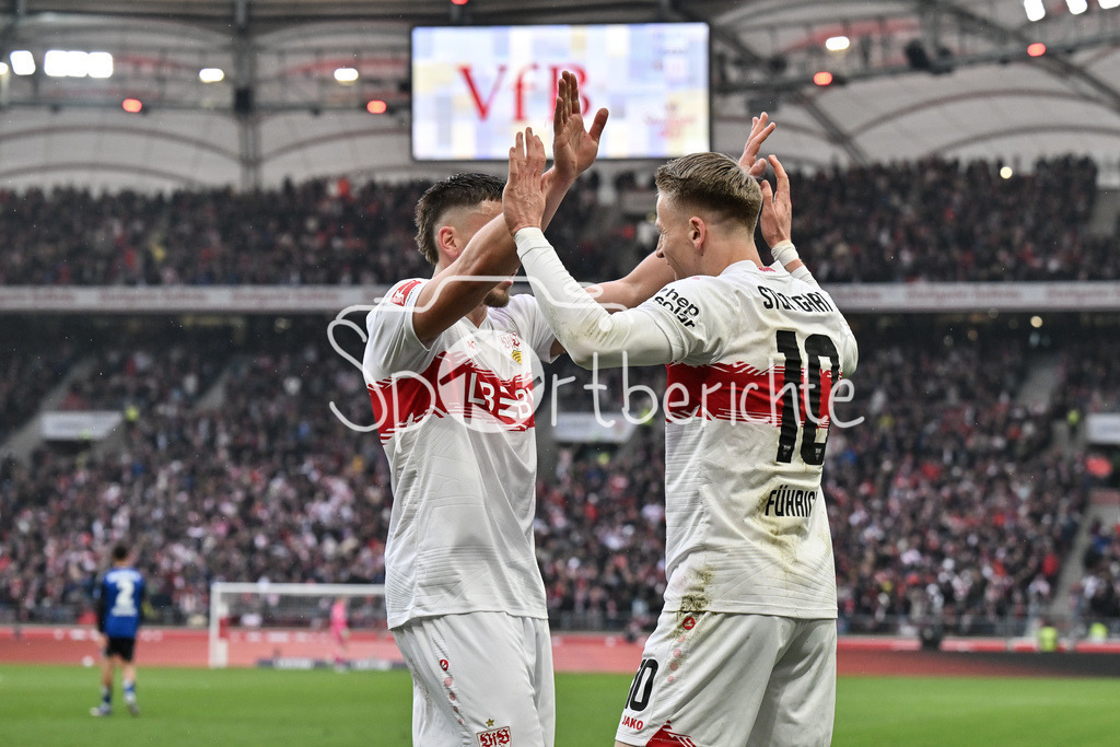 VfB Stuttgart - Hamburger SV | STUTTGART, GERMANY - 12. APRIL: Stuttgart celebrating the goal to makes 2-0 - Chris FÜHRICH (VfB Stuttgart 10) - Tor / Torschuetze / Freude / Happy during the Bundesliga Match between VfB Stuttgart vs. Hamburger SV on Matchday 29 at MHP Arena / DFL REGULATIONS PROHIBIT ANY USE OF PHOTOGRAPHS AS IMAGE SEQUENCES AND/OR QUASI-VIDEO / Ermedin DEMIROVIC (VfB Stuttgart 9)