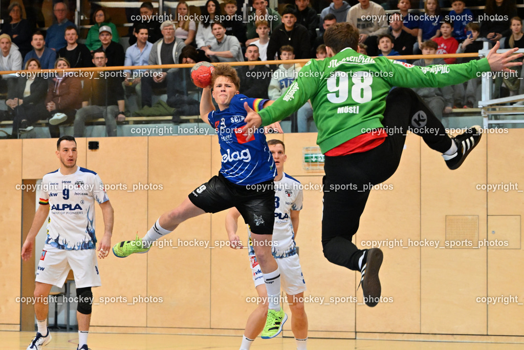 SC Ferlach vs. ALPLA HC Hard 2.3.2024 | #9 Tokic Ante HC Hard, #9 SAGER Nico SC Ferlach, #3 Antanavicius Karolis HC Hard, #98 MÖSTL Constantin HC Hard, SC Ferlach vs. ALPLA HC Hard 2.3.2024, SC Ferlach vs. ALPLA HC Hard am 02.03.2024 in Ferlach (Ballspielhalle Ferlach), Austria, (Photo by Bernd Stefan)