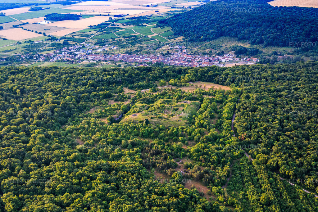 Aerial view: Fort de Lucey, built in 1874 and submerged in the forest, is part of the Barrière de fer. in Lucey in the state Meurthe et Moselle, France. – Photo: IMG_083446.jpg taken on 07/13/2015 by Werner Riehm/FLY-FOTO.com – Resolution of the original: 5472 x 3648 px – Fort de Lucey ou du Plessis-Praslin  - Inventaire Général du Patrimoine Culturel