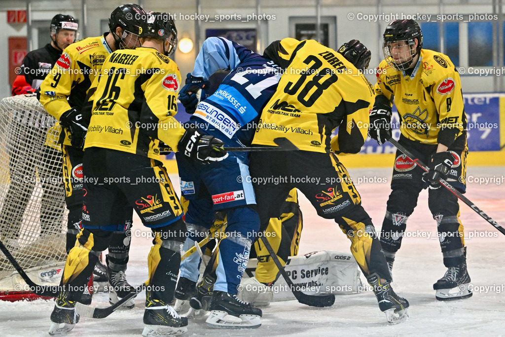 ESC Steindorf vs. EC Hornets Spittal 25.2.2024 | #9 Essmann Kevin EC Hornets Spittal, #16 Nageler Daniel EC Hornets Spittal, #21 Steiner Moritz ESC Steindorf, #38 Zorec Marco EC Hornets Spittal, #8 Komar Luca EC Hornets Spittal, ESC Steindorf vs. EC Hornets Spittal 25.2.2024, ESC Steindorf vs. EC Hornets Spittal 25.2.2024 am 25.02.2024 in Steindorf (Ossiachersee Halle), Austria, (Photo by Bernd Stefan)