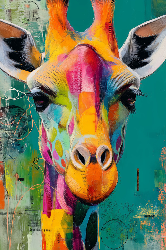 2602004 - Bunte Giraffe | Ein Giraffenporträt in einem bunten Mixed Media Look mit botanischen Elementen.