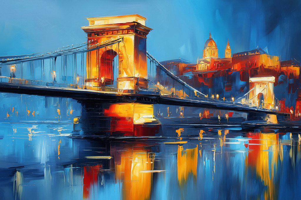 2605011 - Goldenes Budapest zur blauen Stunde | Dieses Werk lebt von der spannungsgeladenen Atmosphäre zwischen urbanem Glanz und nächtlicher Ruhe. Die monumentale Architektur der Kettenbrücke wird hier nicht nur abgebildet, sondern in ein leuchtendes Gold getaucht, das den Raum förmlich einnimmt. Die tiefblauen Schatten der Donau bilden die perfekte Bühne für dieses Lichtspektakel.