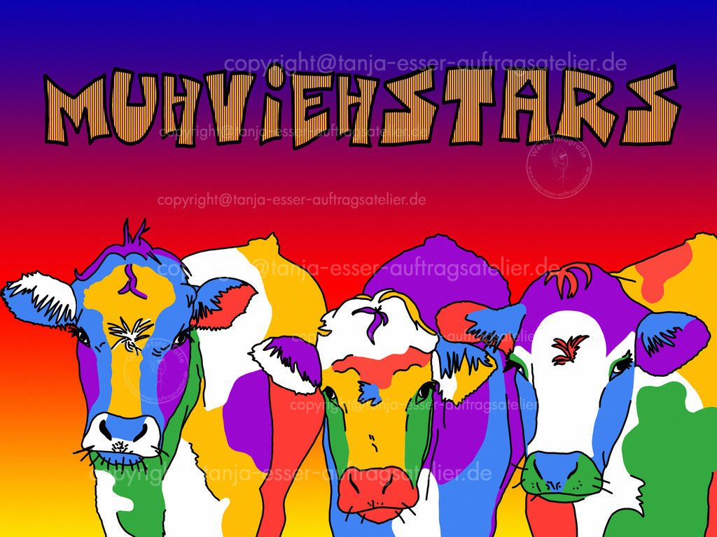 171 Muhviehstars | Drei bunte Kuh Portraits vor einem bunten Hintergrund. Sehr bunte, leuchtende Farben.Schriftzug ist eine Mischung aus deutschen Wörtern "Muh", "Vieh" und dem englischen Text "Moviestars".