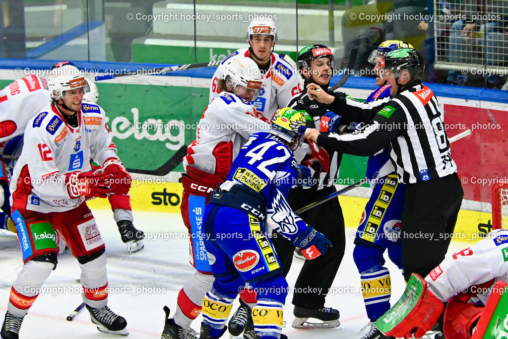 EC IDM Wärmepumpen VSV vs. EC KAC  | #81 RICHTER Marco EC VSV, BÄRENTHALER Christoph Referee, ZGONC GASPER JAKA Referee, Faustkampf, #81 van Ee Finn EC KAC, #42 LANZINGER Benjamin EC VSV, #12 Maier David EC KAC, #68 Gomboc Luka EC KAC, EC IDM Wärmepumpen VSV vs. EC KAC , EC IDM Wärmepumpen VSV vs. EC KAC  am 27.10.2024 in Villach (Stadthalle Villach), Austria, (Photo by Bernd Stefan)
