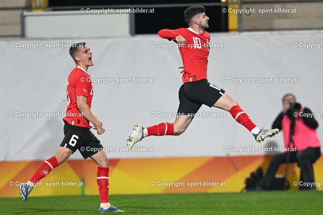AUT, U21 - Oesterreich vs Daenemark | 22.03.2024, Innviertel Arena Ried, AUT, U21 Freundschaftliches Laenderspiel, Oesterreich vs Daenemark, im Bild Jubel Spieler / Rejoyce Player Team Austria, Ervin Omic (AUT), Yusuf Demir (AUT)


// Uefa U21 Friendly Match between Austria and Denmark in Ried, Austria on 2024/03/22