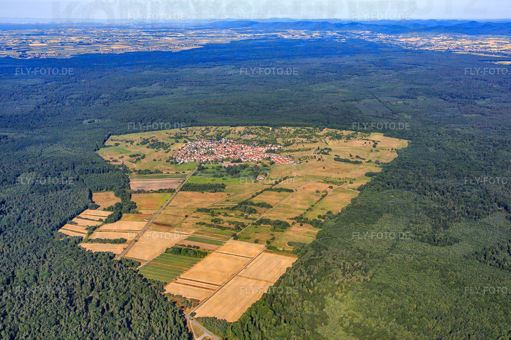 Dorfansicht in einer Lichtung des Bienwalds von Nordosten | Luftbild: Dorfansicht in einer Lichtung des Bienwalds von Nordosten im Ortsteil Büchelberg in Wörth im Bundesland Rheinland-Pfalz in Deutschland. Foto: IMG_084050.jpg vom 26.07.2015 durch Werner Riehm/FLY-FOTO.de - Realisiert mit Pictrs.com