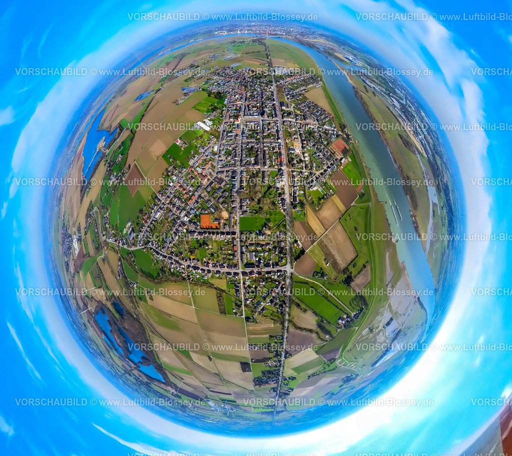 Wesel240390075Buederich | Luftbild, Wohngebiet Ortsansicht Büderich, Rheinmündung Wesel-Datteln-Kanal Naturschutzgebiet, Erdkugel, Fisheye Aufnahme, Fischaugen Aufnahme, 360 Grad Aufnahme, tiny world, little planet, fisheye Bild, Büderich, Wesel, Nordrhein-Westfalen, Deutschland