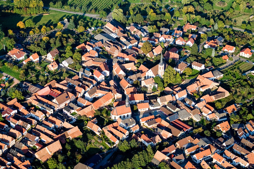 Luftbild: Kirche mit Laurentiusgarten in Göcklingen im Bundesland Rheinland-Pfalz in Deutschland. Foto: IMG_13707.jpg vom 28.09.2008 durch Werner Riehm/FLY-FOTO.de