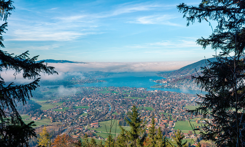 Der blau schimmernde Tegernsee, Nebelschwaden über dem See,herbstlicher Blick vom Wallberg | Das Bild zeigt den Blick vom Wallberg auf den Tegernsee und die Gemeinde Rottach-Egern in Oberbayern.Standort: Vom Wallberg oder dessen Hängen aus blickt man auf das Tal und den blau schimmernden Tegernsee.Im Vordergrund rahmen Nadelbäume den Blick ein, während im Hintergrund leichte Nebelschwaden über dem See und den Bergen hängen - Realisiert mit Pictrs.com