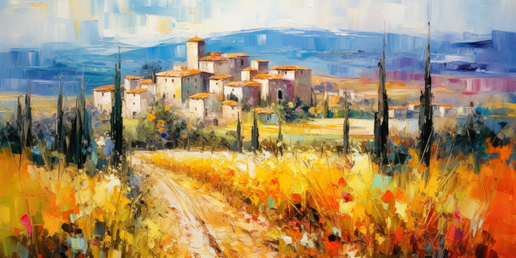 10260813 - Landschaft in der Toskana | Toskana Landschaftsmotiv im Stil eines modernen Gemäldes. Erhältlich als hochwertiges Wandbild auf Leinwand, Acrylglas, Alu-Dibond oder als Poster, einfach über "Bestellen" konfigurieren.