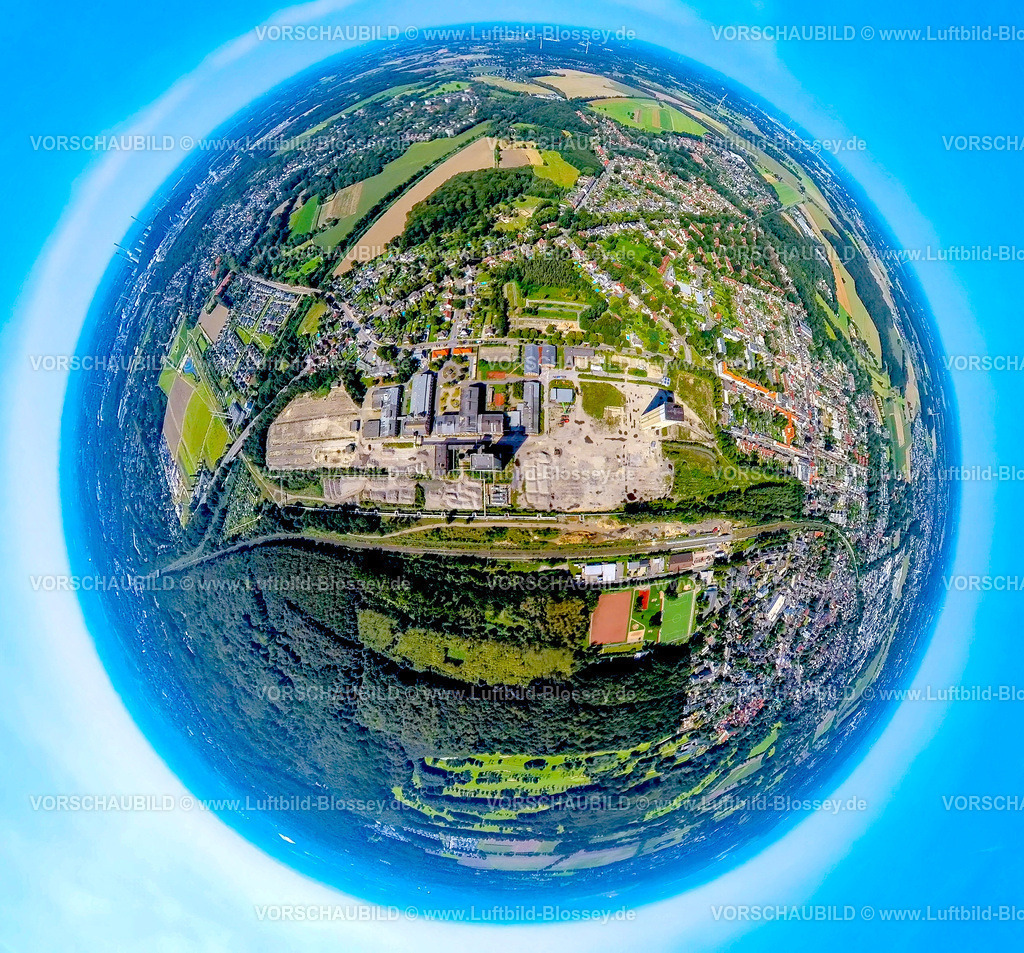Gelsenkirchen240890563HasselZecheWesterholt | Luftbild,  Zeche Westerholt, geplantes neues Quartier Wohnen und Arbeiten, ehemaliges DSK Bergwerk Lippe, Egonstraße, Erdkugel, Fisheye Aufnahme, Fischaugen Aufnahme, 360 Grad Aufnahme, tiny world, little planet, fisheye Bild, Westerholt, Herten, Ruhrgebiet, Nordrhein-Westfalen, Deutschland