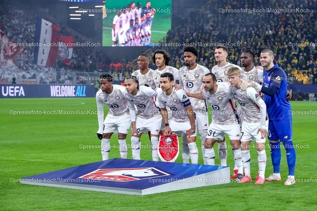 UCL04032501032 | 04.03.2025, Fußball, UEFA Champions League, Borussia Dortmund - OSC Lille, Signal Iduna Park, Runde der 16, Saison 2024 2025: Die Startelf von Lille, hintere Reihe L-R: Bafode Diakite (LOSC Lille #18) Ayyoub Bouaddi (LOSC Lille #32) Alexsandro Victor de Souza Ribeiro (LOSC Lille #4) Thomas Meunier (LOSC Lille #12) Ngal ayel Mukau (LOSC Lille #17)  Torwart Lucas Chevalier (LOSC Lille #30), vordere Reihe L-R:  Jonathan David (LOSC Lille #9) Ethan Mbappe (LOSC Lille #29) Benjamin Andre (LOSC Lille #21) Ismaily Goncalves dos Santos (LOSC Lille #31) Hakon Arnar Haraldsson (LOSC Lille #7) Mannschaftsfoto Gruppenbild Gruppenfoto