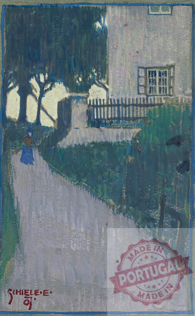 Egon Schiele Egon Schiele oil painting depicting a woman walking on path | Woman walking on a winding path next to a house by Egon Schiele - Realized with Pictrs.com
