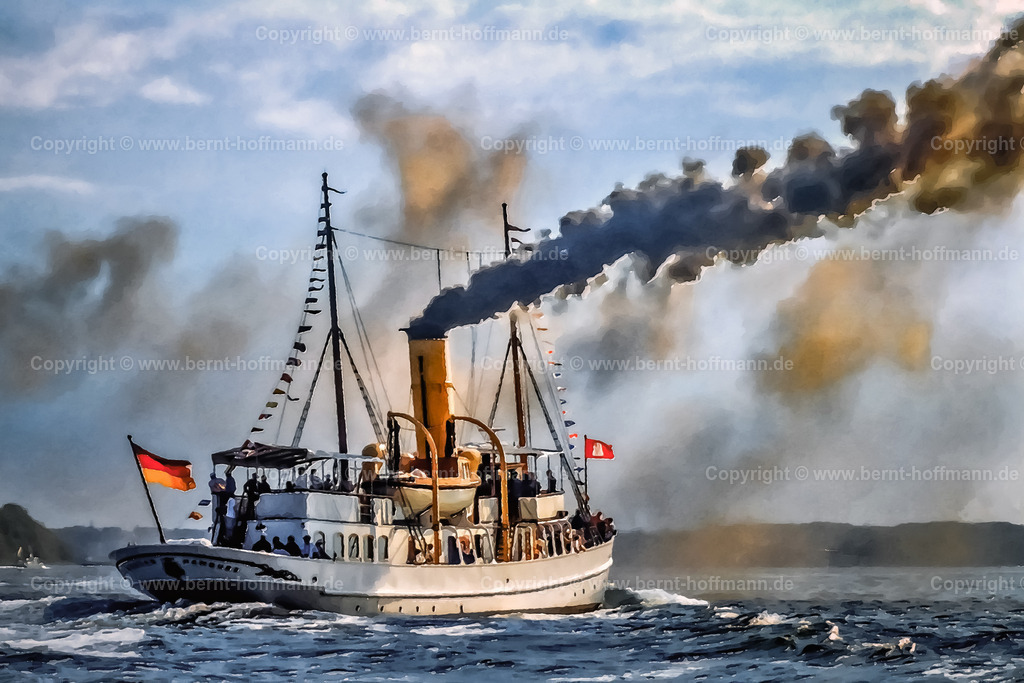 PDM2_0000_Schaarhoern-4_120x80 | DIGITALKUNST. Dampfer SCHAARHÖRN -04. __ Der Hamburger Peildampfer in der Abendsonne auf der Flensburger Förde - unter " Volldampf " während einer unernsten Wettfahrt beim Dampfer- Festival " Flensburger Dampf - Rundum ". __ Seitenverhältnis = 3 zu 2. - Realisiert mit Pictrs.com