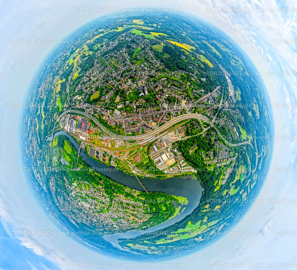 Essen250590323Kupferdreh | Luftbild, Ortsteil Kupferdreh und Autobahn A44, unten Fluss Ruhr mit Vogelschutzgebiet Heisinger Bogen, Erdkugel, Fisheye Aufnahme, Fischaugen Aufnahme, 360 Grad Aufnahme, tiny world, little planet, fisheye Bild, Kupferdreh, Essen, Ruhrgebiet, Nordrhein-Westfalen, Deutschland