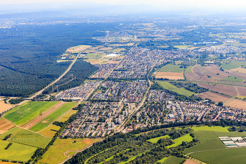 Luftbild: Ortsansicht aus Norden im Ortsteil Eggenstein in Eggenstein-Leopoldshafen im Bundesland Baden-Württemberg in Deutschland. Foto: IMG_128075.jpg vom 12.08.2021 durch Werner Riehm/FLY-FOTO.de