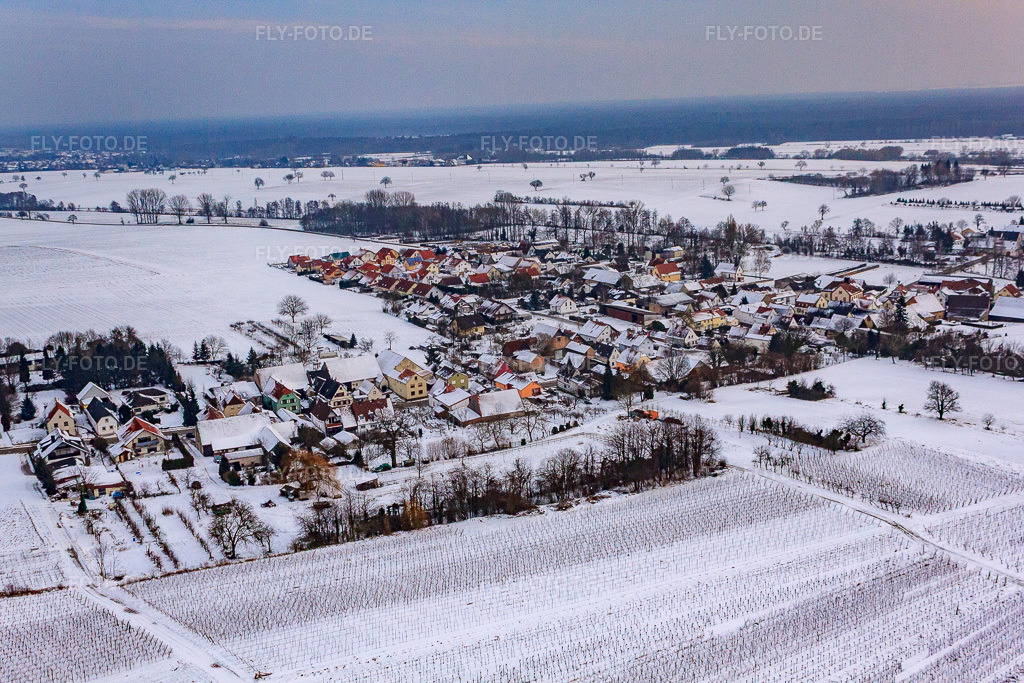Luftbild: Dorfansicht von Nordwesten im Winter im Schnee im Ortsteil Kleinsteinfeld in Niederotterbach im Bundesland Rheinland-Pfalz in Deutschland. Foto: IMG_23653.jpg vom 16.01.2010 durch Werner Riehm/FLY-FOTO.de
