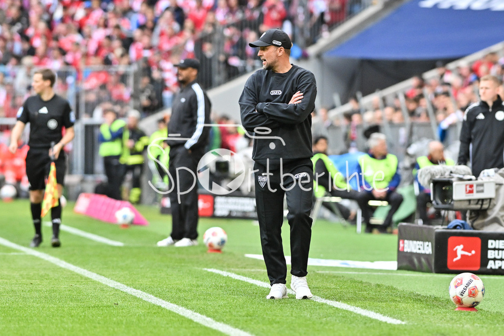 FC Bayern München - VfB Stuttgart | MUNICH, GERMANY - 19. APRIL: Sebastian HOENEß Trainer VfB Stuttgart during the Bundesliga Match between FC Bayern Munich vs. VfB Stuttgart at Matchday 30 at Allianz Arena / DFL REGULATIONS PROHIBIT ANY USE OF PHOTOGRAPHS AS IMAGE SEQUENCES AND/OR QUASI-VIDEO