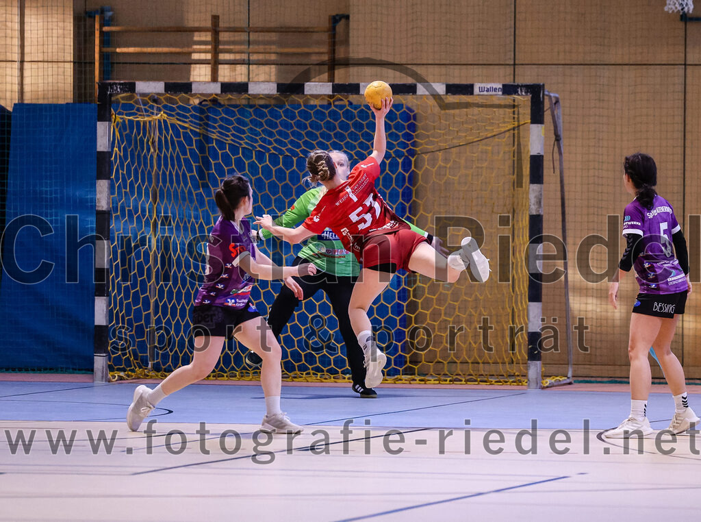 2025-02-22_059_SpVgg_Altenerding_gegen_TG_Landshut | Erding, Deutschland, 22.02.2025:Handball, Bezirksoberliga Frauen Altbayern 2024 / 2024, 15. Spieltag, SpVgg Altenerding gegen TG Landshut, Endergebnis: 25:22Katharina Künstner (SpVgg Altenerding, #23), Torfrau Hanna Obermair (SpVgg Altenerding, #1), Nadine Schlegel (TG Landshut, #57), Julia Kübelsbeck (SpVgg Altenerding, #5)Foto: Christian Riedel / fotografie-riedel.net