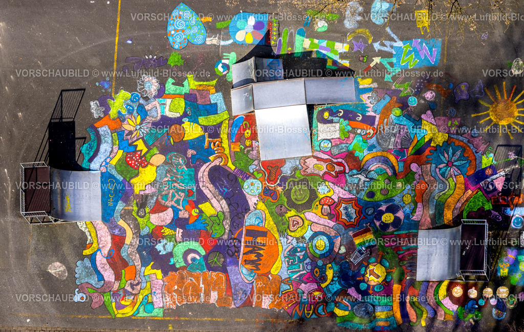 Hamm230215258 | Luftbild, Hohenhöveler Spielplatz, Formen und Farben, bunte Straßenbemalung, Skateanlage, Bockum-Hövel, Hamm, Ruhrgebiet, Nordrhein-Westfalen, Deutschland
