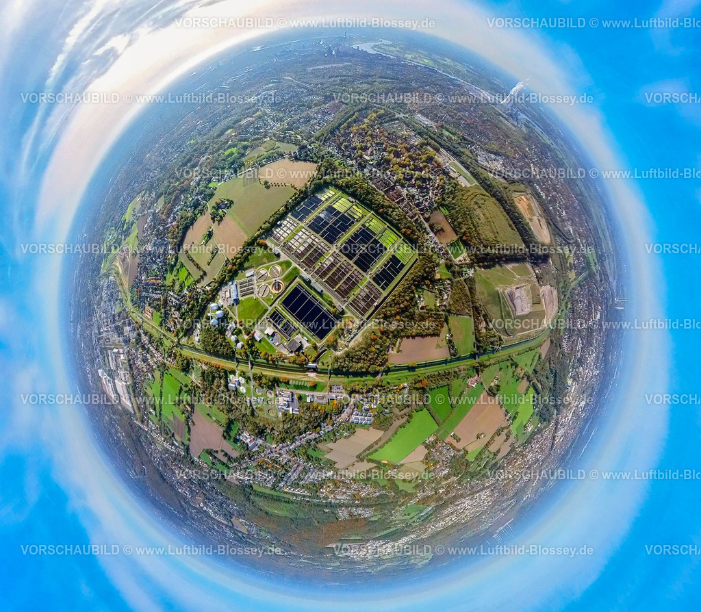 Oberhausen20221006_1EmscherKlaerwerk2 | Luftbild, Klärwerk Emschermündung, Fisheye Aufnahme, Fischaugen Aufnahme, 360 Grad Aufnahme, Wehofen, Duisburg, Fisheyeaufnahme, Ruhrgebiet, Nordrhein-Westfalen, Deutschland
