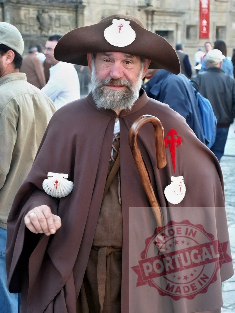 Pilgrim man wearing traditional cloak along Camino de Santiago. Galicia - Spain | Pilgrim man posing with staff, scallop shells, and Saint James cross in Santiago de Compostela - Realized with Pictrs.com