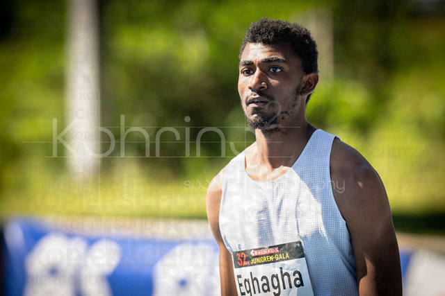 Juniorengala 2026; Mannheim, 13.06.2026 | MANNHEIM, GERMANY - JUNE 13, 2026 :  Akira Eghagha (SUI/Switzerland) reacts in the men’s U20 A-Final 100m during the Juniorengala 2026 at Michael-Hoffmann-Stadion on June 13, 2026 in Mannheim, Germany.