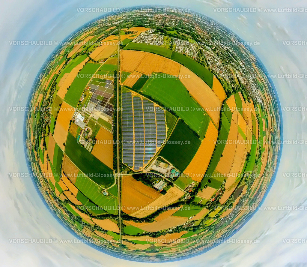 Soest240790053SolarfeldStemmweg | Luftbild, Solarpark Photovoltaik-Anlage Stemweg, Biogasanlage, Blumen Orchideen Röhl Gewächshäuser und Anbau, umgeben von Wiesen und Feldern, Erdkugel, Fisheye Aufnahme, Fischaugen Aufnahme, 360 Grad Aufnahme, tiny world, little planet, fisheye Bild, Hattrop, Soest, Soester Börde, Nordrhein-Westfalen, Deutschland