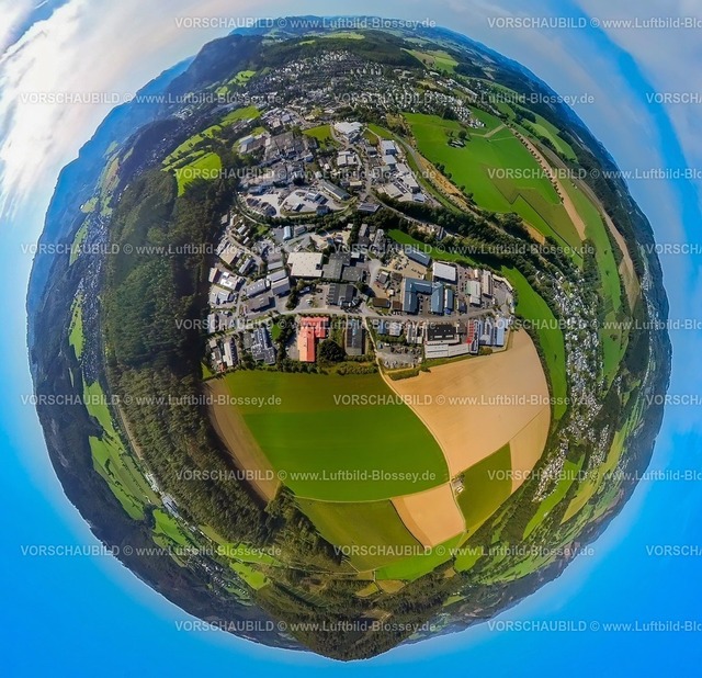 Schmallenberg230990368GewerbegebietImBrauke | Luftbild, Gewerbegebiet Auf der Lake, Im Brauke, Erdkugel, Fisheye Aufnahme, Fischaugen Aufnahme, 360 Grad Aufnahme, tiny world, Schmallenberg, Sauerland, Nordrhein-Westfalen, Deutschland