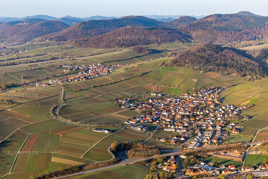 Luftbild: Gebäudekomplex des Julius Kühn-Institut Rebforschungsanstalt Geilweilerhof mit blühenden Mandelbäumen in Siebeldingen. in Birkweiler im Bundesland Rheinland-Pfalz in Deutschland. Foto: IMG_126276.jpg vom 04.04.2021 durch Werner Riehm/FLY-FOTO.de