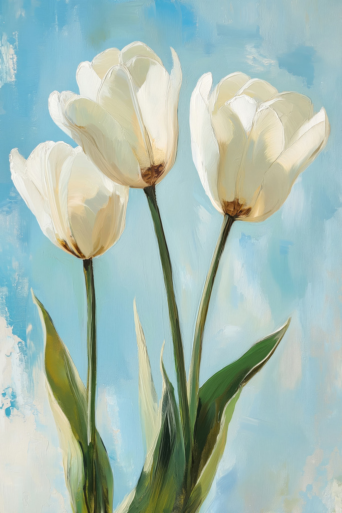 2502044 - Weiße Tulpen | Modernes Wandbild im Stil eines Gemäldes. Bestellen Sie dieses Motiv als hochwertigen Kunstdruck auf Leinwand, hinter Acrylglas, auf Alu-Dibond oder auch als Poster. 
