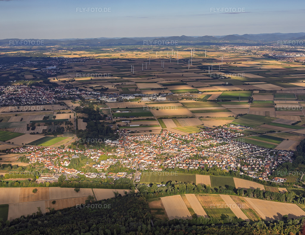 Luftbild: Ortsansicht von Osten in Hördt im Bundesland Rheinland-Pfalz in Deutschland. – Foto: IMG_158430.jpg vom 06.08.2026 durch Werner Riehm/FLY-FOTO.de – Auflösung des Originals: 5045 x 3895 px