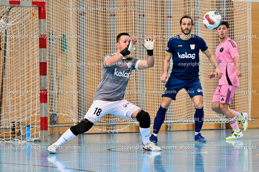Carinthia Flamengo Futsal Club vs. Futsal Klagenfurt | #18 Vladimir Kajkut Futsal Klagenfurt, #2 Nikola Jandric Futsal Klagenfurt, #17 Hasan Kupinic Carinthia Flamengo, Carinthia Flamengo Futsal Club vs. Futsal Klagenfurt, Carinthia Flamengo Futsal Club vs. Futsal Klagenfurt am 01.12.2024 in Klagenfurt (Ballspielhalle Viktring), Austria, (Photo by Bernd Stefan)
