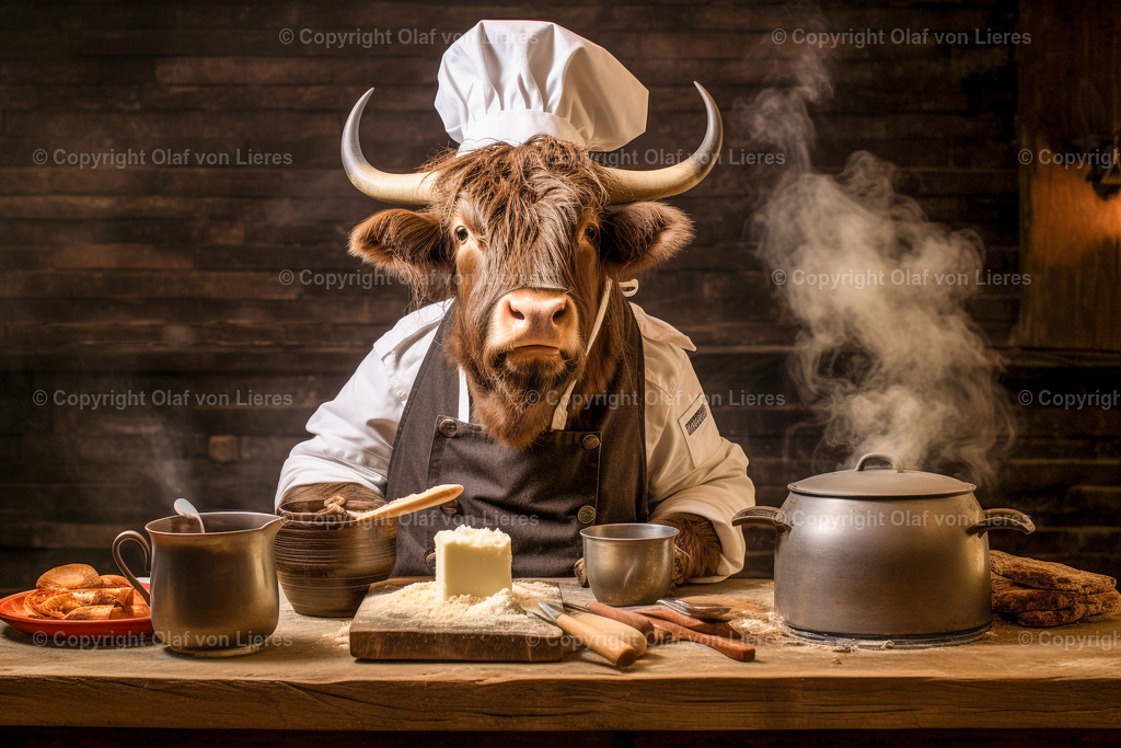 Rind kocht in der Küche | Rind mit Kochmütze in der Küche