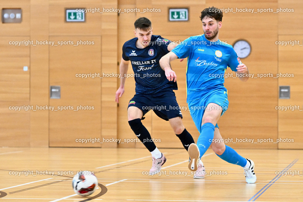 LPSV Kärnten vs. Futsal Versli Klagenfurt | #11 Armin Majanovic LPSV-Kärnten, #8 Marko Bjelcevic versli.at Klagenfurt, LPSV Kärnten vs. Futsal Versli Klagenfurt, LPSV Kärnten vs. Futsal Versli Klagenfurt am 01.02.2026 in Villach (Ballspielhalle St. Martin), Austria, (Photo by Bernd Stefan)