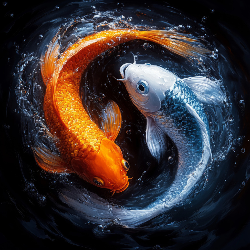 2504006 - Zwei Fische im Gleichgewicht | Zwei sich umkreisende Fische, die an das Yin und Yang Symbol erinnern.