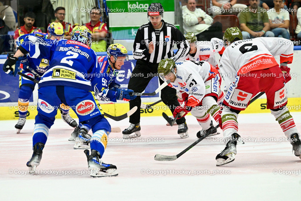 EC IDM Wärmepumpen VSV vs. HC Bozen 19.9.2023 | #2 MACPHERSON Dylan, #98 TOMAZEVIC Blaz,  Konc Daniel Referee, win2day icehockeyleague, EC IDM Wärmepumpen - HC Bozen  am 19.09.2023 in Villach (Stadhalle Villach), Austria, (Photo by Bernd Stefan)
