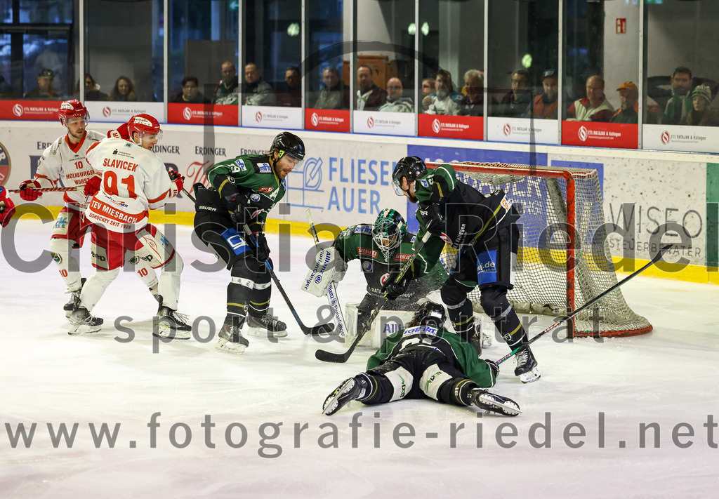 2023-03-19_031_TSV_Erding_gegen_TEV_Miesbach | Erding, Deutschland, 19.03.2023:
Eishockey, Bayernliga Playoffs 2022 / 2023, Halbfinale, TSV Erding gegen TEV Miesbach, Endergebnis: 

Bohumil Slavicek (TEV Miesbach, #91), Thomas Plihal (Erding Gladiators, #39), Torwart Thomas Hingel (Erding Gladiators, #33), Roni Rukajärvi (Erding Gladiators, #61), Rudolf Lorenz (Erding Gladiators, #91)

Foto: Christian Riedel / fotografie-riedel.net