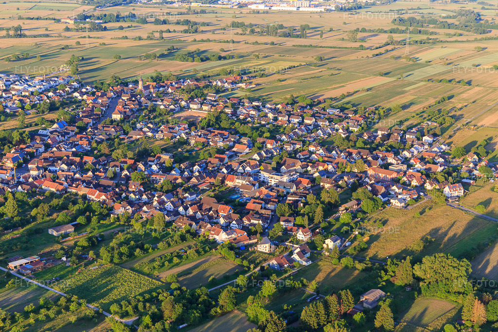 Luftbild: Ortsübersicht von Westen im Ortsteil Oberhausen in Rheinhausen im Bundesland Baden-Württemberg in Deutschland.Foto: IMG_147952.jpg vom 30.05.2025 durch Werner Riehm/FLY-FOTO.deAuflösung des Originals: 5472 x 3648 px