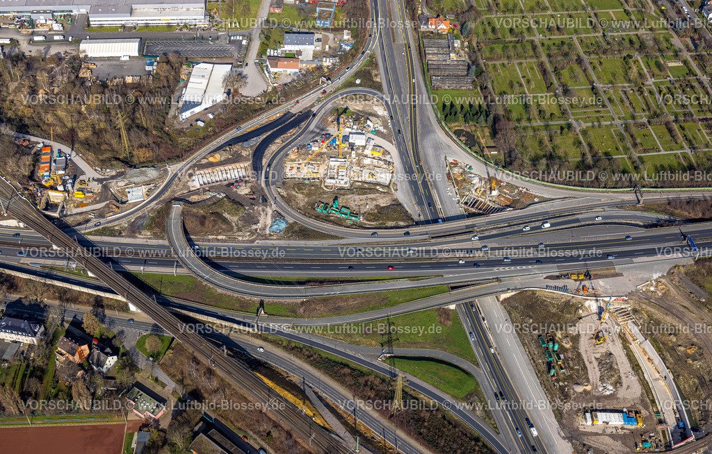 Herne230211915 | Luftbild, Großbaustelle Autobahnkreuz Herne der Autobahn A42 und Autobahn A43, mit Bau des Baukau-Tunnels, Baukau-West, Herne, Ruhrgebiet, Nordrhein-Westfalen, Deutschland