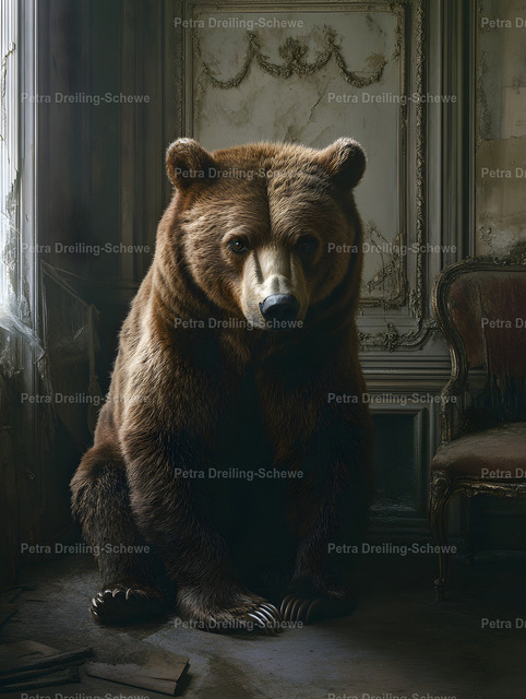 Brown Baer | Bring timeless elegance and quiet strength into your space with this powerful brown baer artwork from the Silent Kingdom Collection.This surreal and atmospheric piece shows a mighty bear, sitting in an abandoned room. The elegance of days gone by is still evident, but nature is reclaiming its place. The soft light, architectural details, and calm presence create a feeling of serenity, strength, and quiet power. A quiet moment captured in timeless elegance. - Realisiert mit Pictrs.com