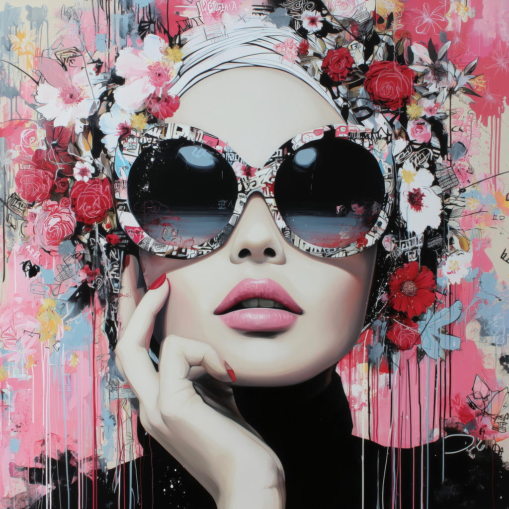 2604013 - Floral Glamour | Eine Symbiose aus High-Fashion und Urban Art. Dieses Porträt besticht durch kühle Eleganz hinter großen Gläsern, umrahmt von einer explosiven Welt aus Blüten und Farben.