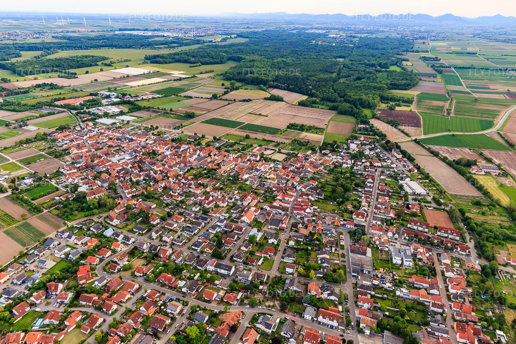 Luftbild: Ortsansicht von Osten in Zeiskam im Bundesland Rheinland-Pfalz in Deutschland. Foto: IMG_127010.jpg vom 02.06.2021 durch Werner Riehm/FLY-FOTO.de