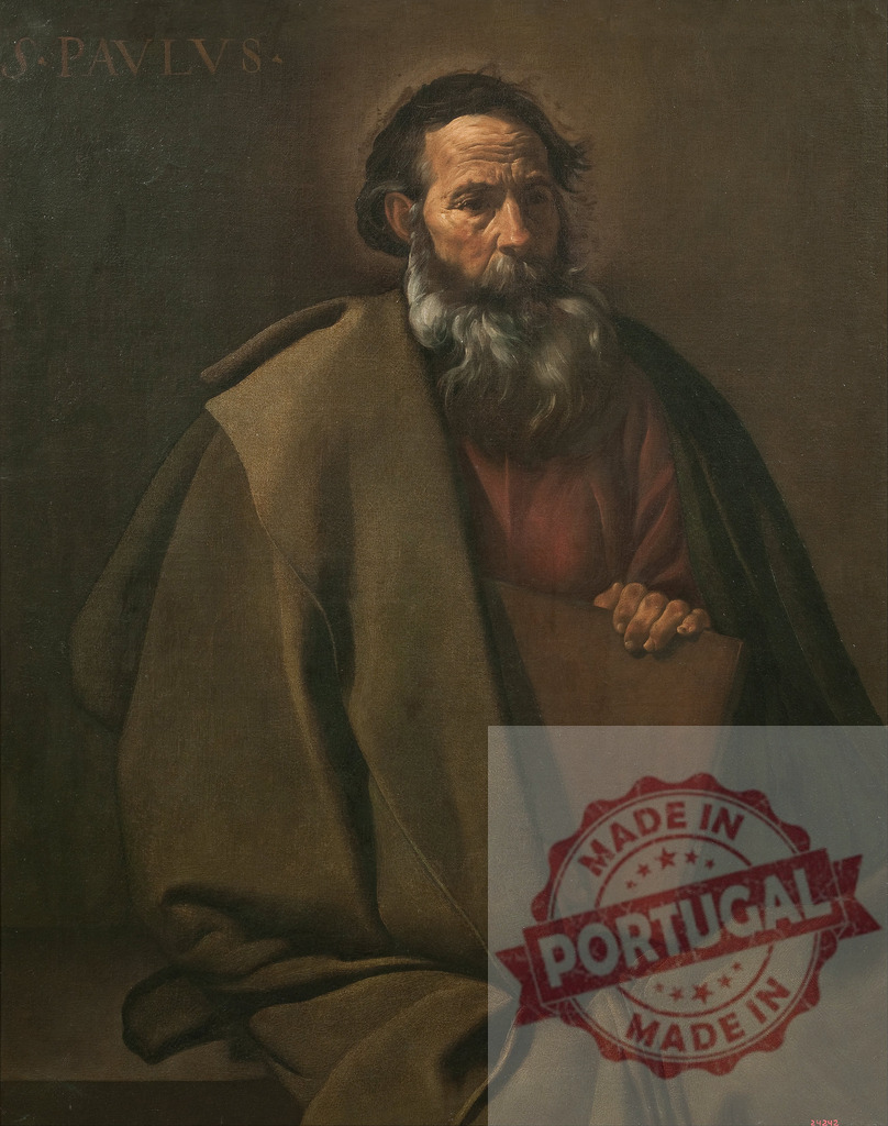 Diego Velazquez Saint Paul holding book religious Baroque painting | Saint Paul, an apostle, with a beard and halo holding a book - Realized with Pictrs.com