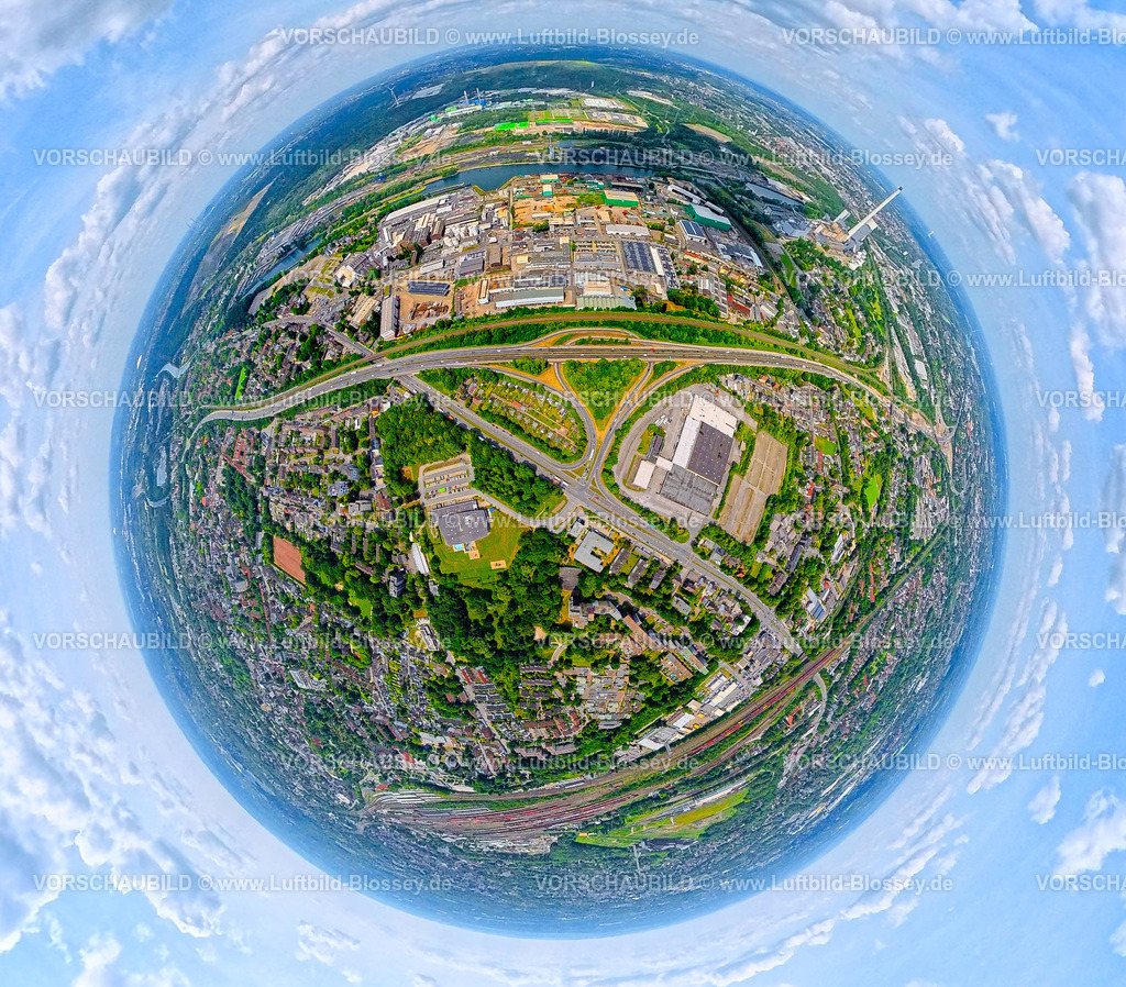 Herne2506900225Crange | Gewerbegebiet Heerstraße Crange am Rhein-Herne-Kanal und Autobahn A42 mit Dreieck Herne-Crange, Erdkugel, Fisheye Aufnahme, Fischaugen Aufnahme, 360 Grad Aufnahme, tiny world, little planet, fisheye Bild, Unser Fritz, Herne, Ruhrgebiet, Nordrhein-Westfalen, Deutschland