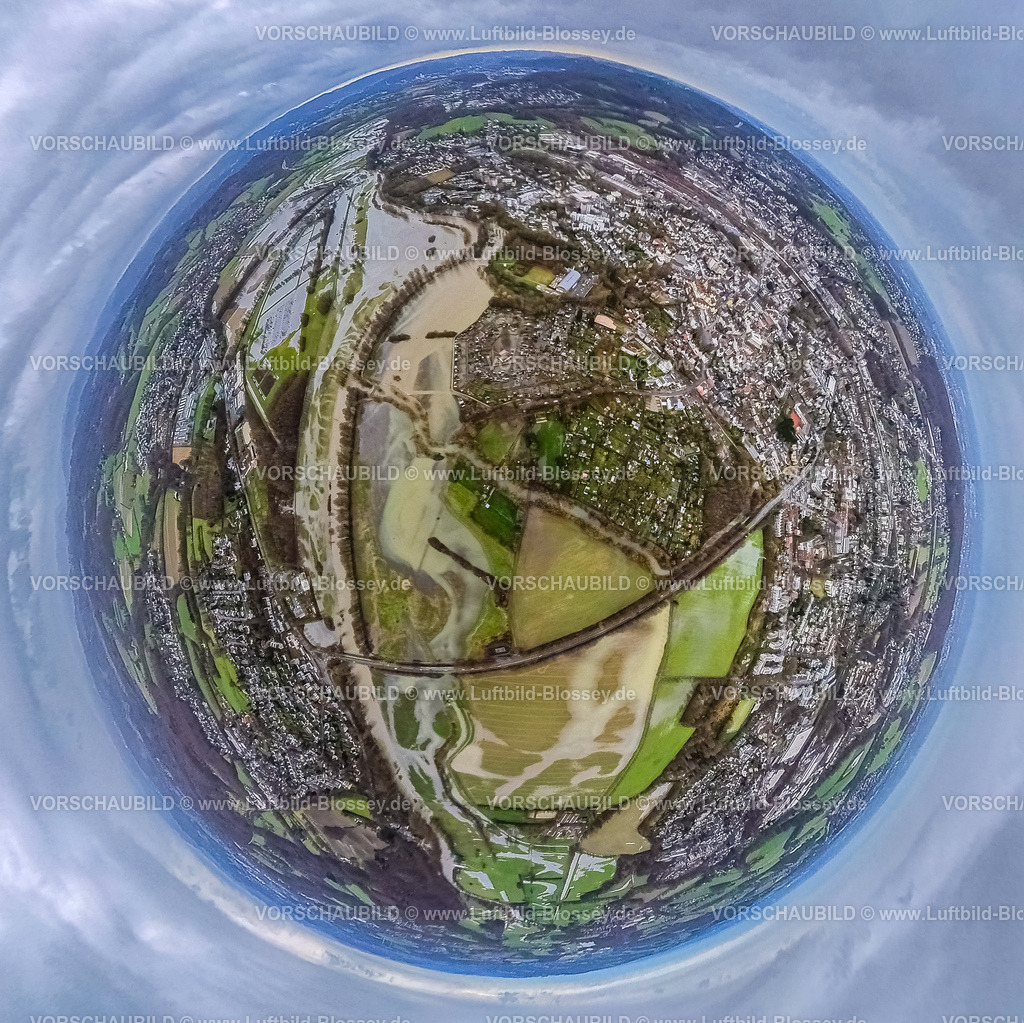 Schwerte231290219Ruhrhochwasser-2 | Luftbild vom Weihnachts Ruhrhochwasser in Schwerte mit überschwemmten Kleingärten und Wiesen und Feldern , Fischaugenbild, 360 Grad Aufnahme, Schwerte, Ruhrgebiet, Nordrhein-Westfalen, Deutschland