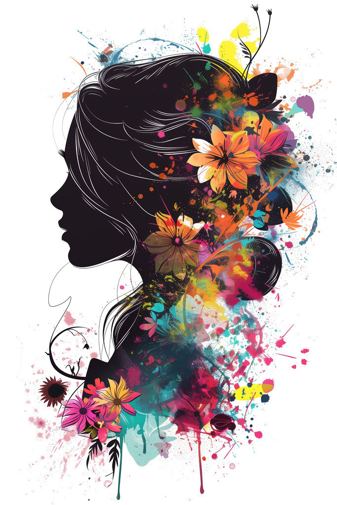 2403022 - Florale Schönheit | Grafische Silhouette einer Frau mit bunten floralen Elementen.
