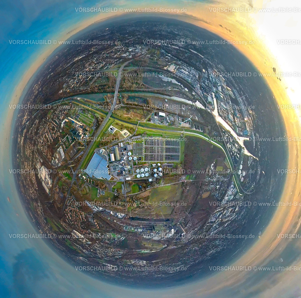 Bottrop2301fish0006EmscherKlaeranlage | Luftbild, Kläranlage Emschergenossenschaft, Fisheye Aufnahme, Fischaugen Aufnahme, 360 Grad Aufnahme, Welheim, Bottrop, Ruhrgebiet, Nordrhein-Westfalen, Deutschland